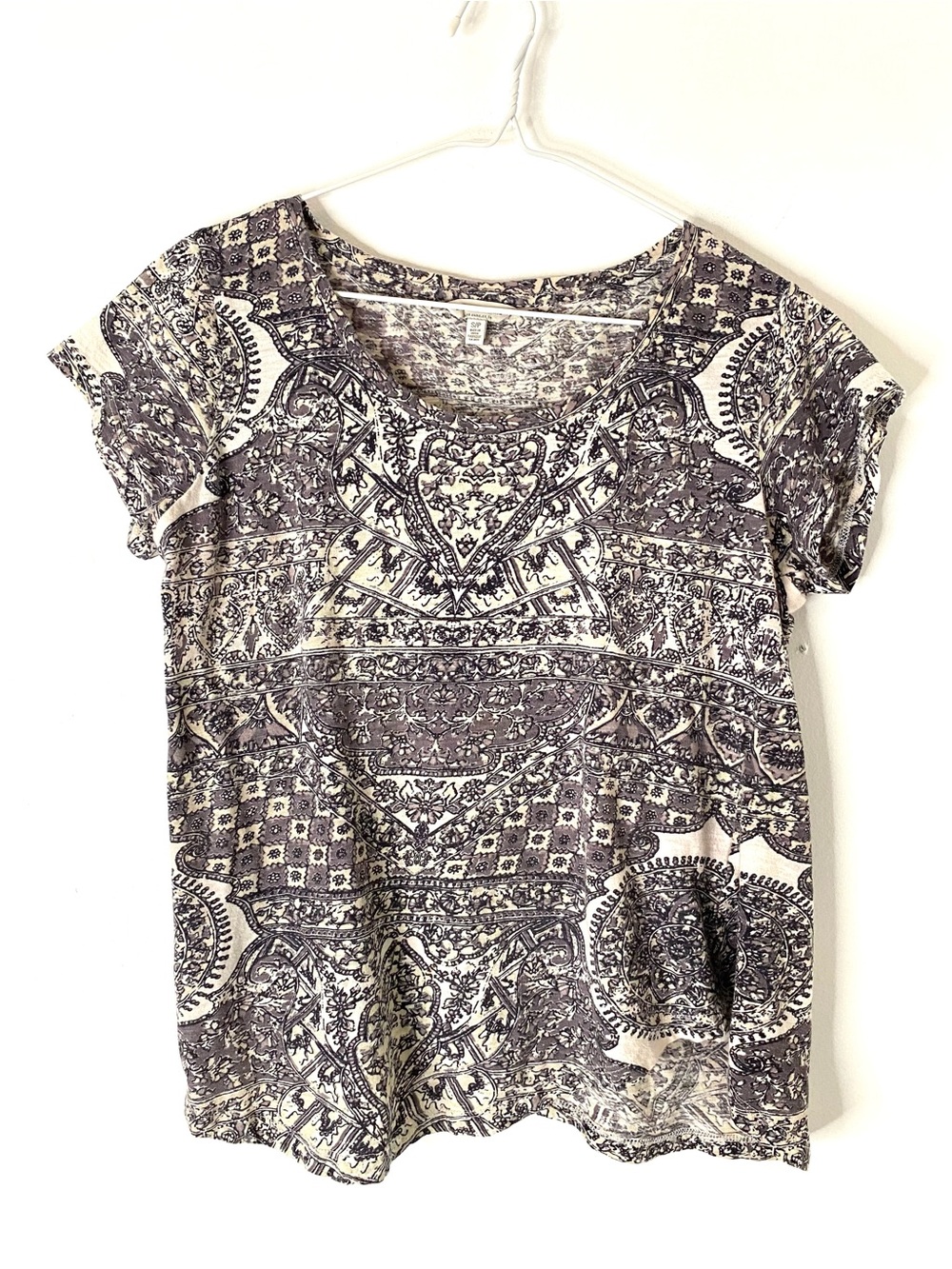 Lucky Brand Paisley Print Top Boho Short Sleeve Blouse Cream Black